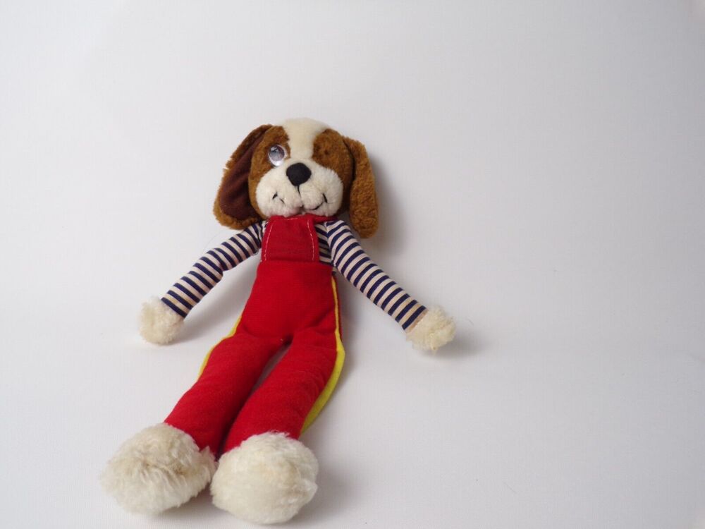 Vintage Anntoy Co. Ltd. Plush Dog Red Overalls Blue Stripes Long Legs Hong Kong